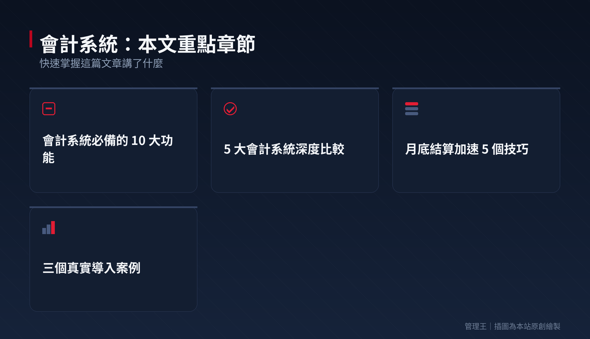會計系統怎麼挑？2026 台灣中小企業實戰全指南（鼎新、用友、QuickBooks、Xero、管理王比較）：本文重點章節一覽