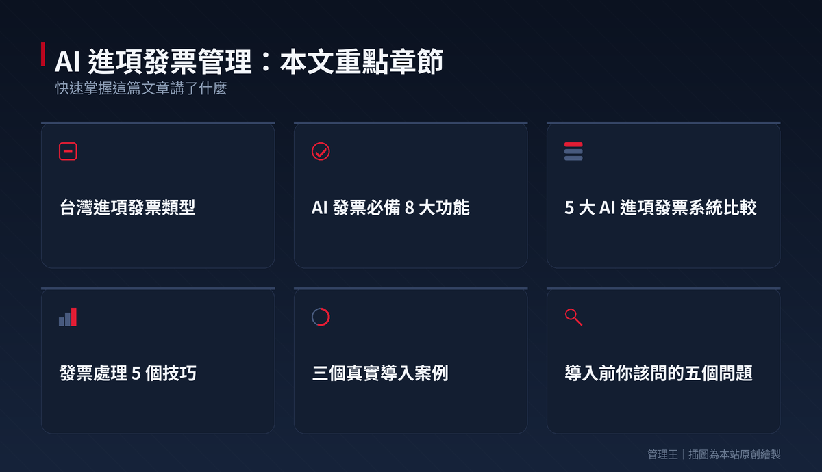 AI 進項發票管理實戰:鼎新、Receipts、Dext、管理王 5 大系統怎麼選（2026）：本文重點章節一覽