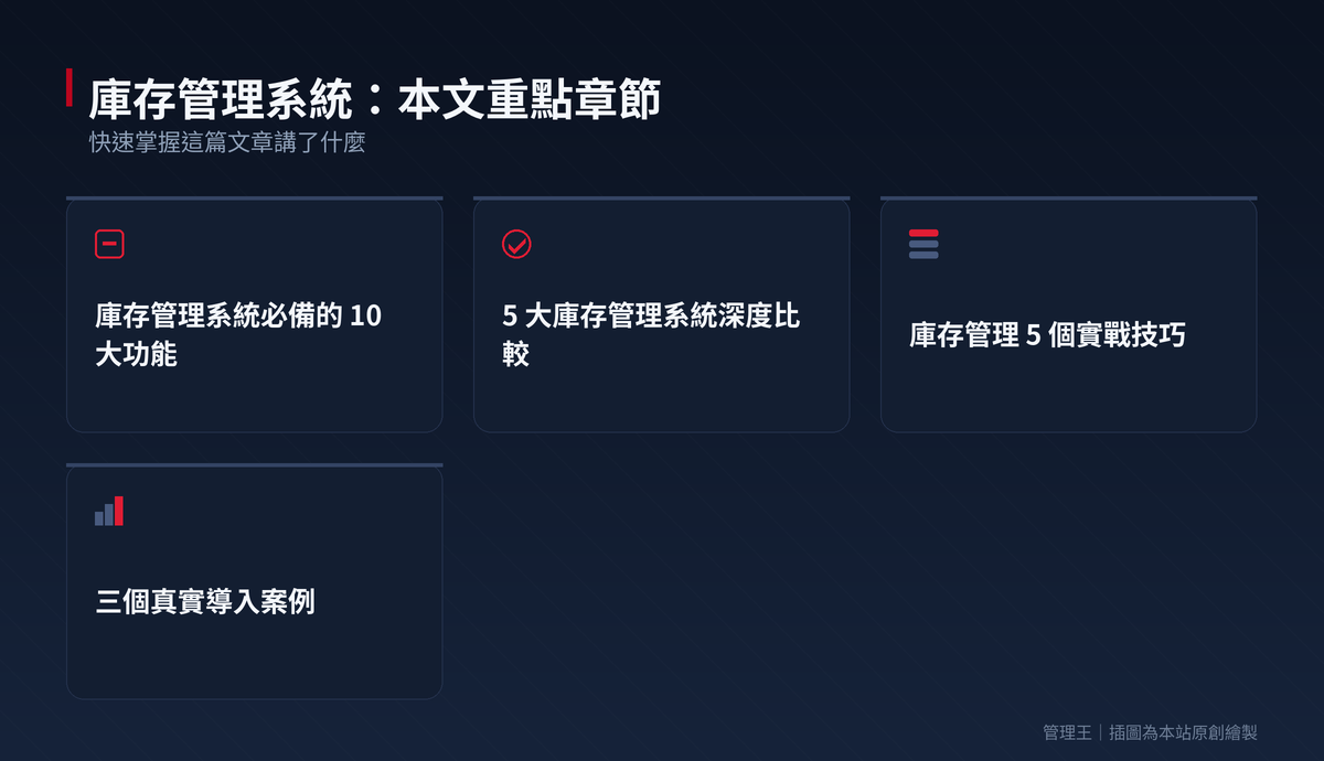 如何精選庫存管理系統？2026 年台灣零售製造最佳指南（鼎新、SAP、Cin7、管理王對比）：本文重點章節一覽