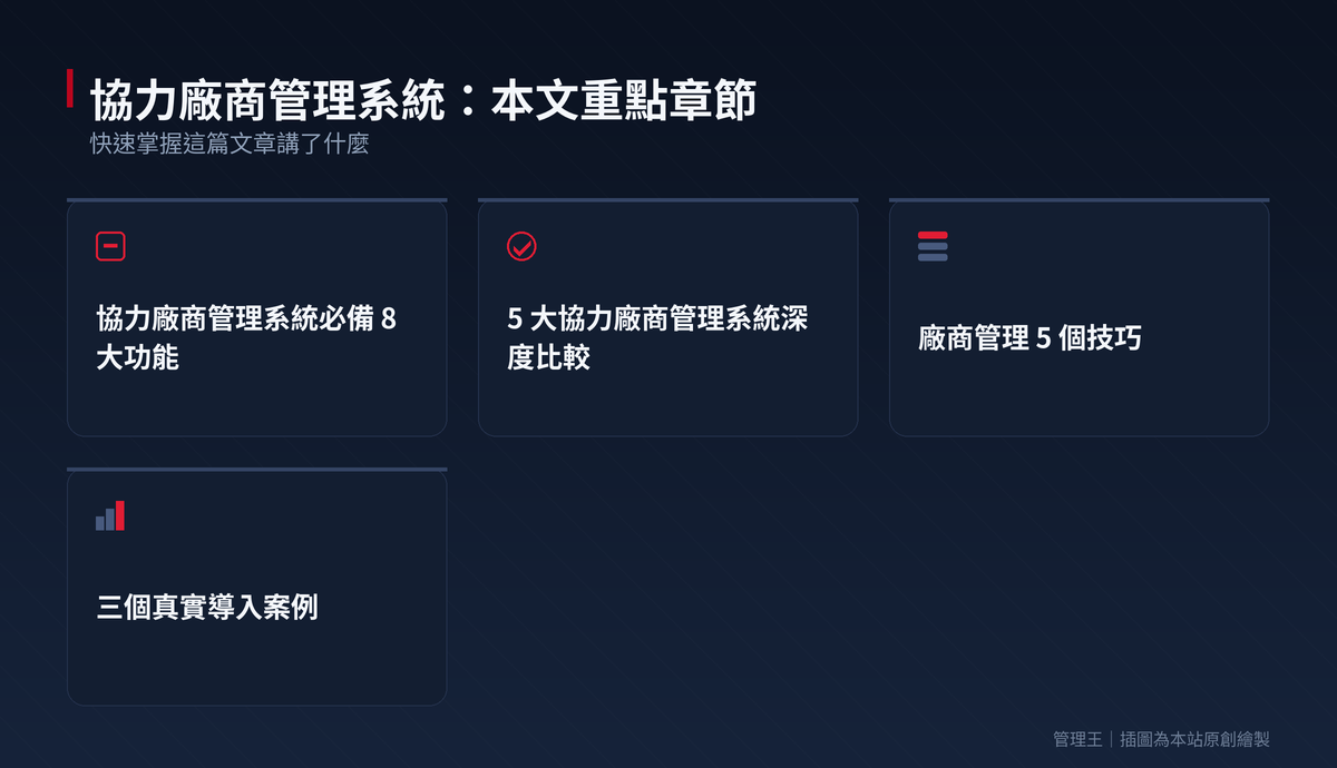 協力廠商管理系統選擇指南：2026 年台灣 B2B 實務指南（Gatekeeper、SAP Ariba、Vendr、管理王比較）：本文重點章節一覽